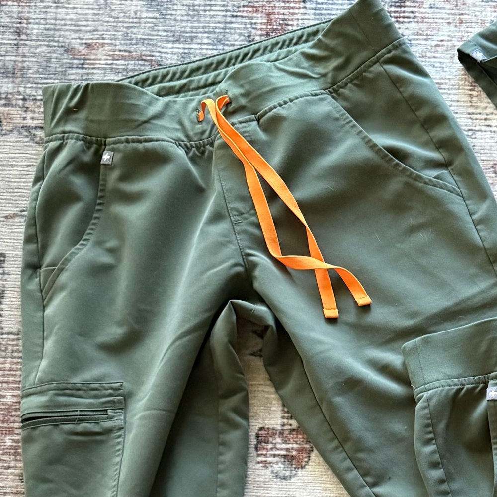 Figs Olive Green Scrub pants Orange Accents